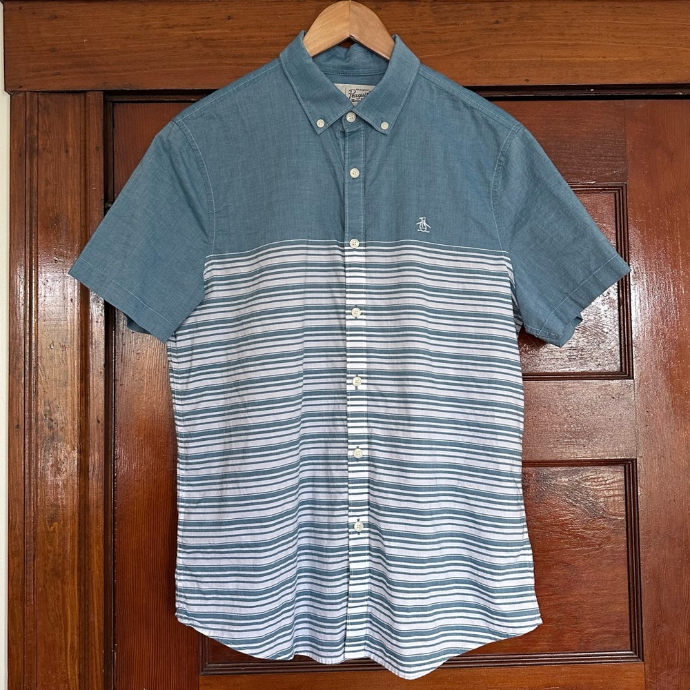 Penguin Short Sleeve Stripe Cotton Button-Down Shirt Size Medium Coastal Preppy